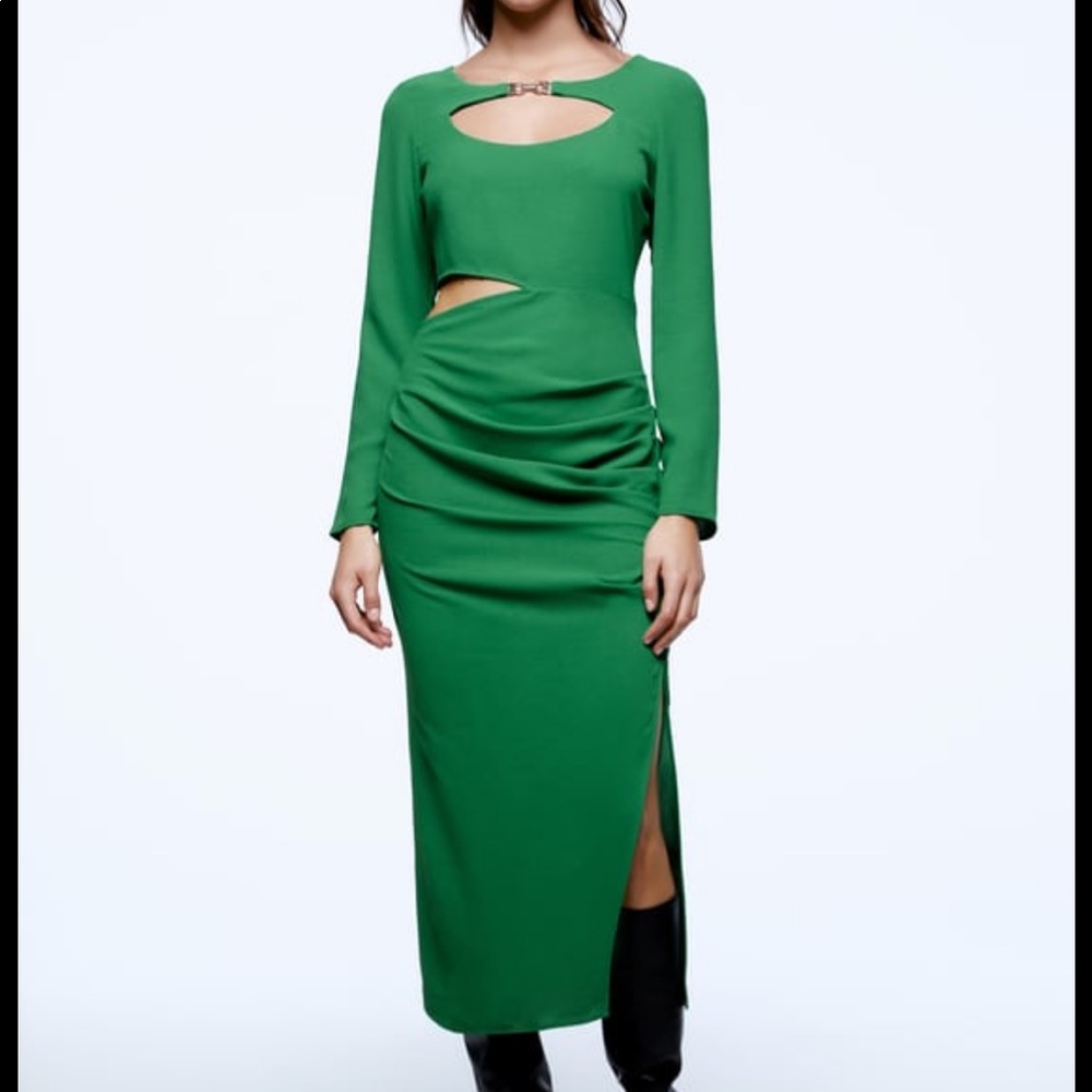 Zara Emerald Green Long Sleeve Cutout Midi Dress